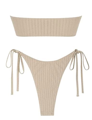 ZAFUL Womens Bandeau Bikinis Textured Strapless Bikini Set Metal Hardware Ring Tie Side Textured Swimwear Beige S - Image 2