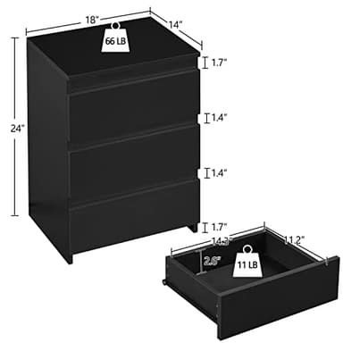 Yaheetech Nightstand with Drawer, 3 Drawers Bedside Table with Sturdy Base, Wood Bedside Cupboard Accent Table with Storage Space for Bedroom, Easy Assembly, Black - Image 3