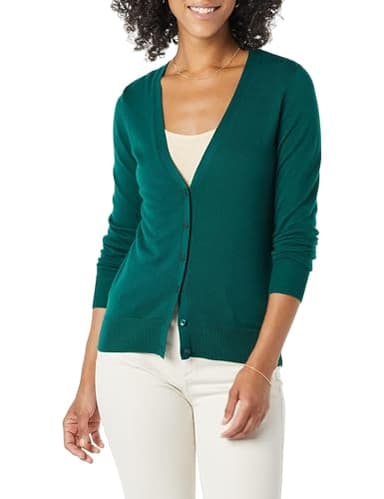 Amazon Essentials Women's Lightweight V-Neck Cardigan Sweater (Available in Plus Size), Dark Green, X-Small - Image 1