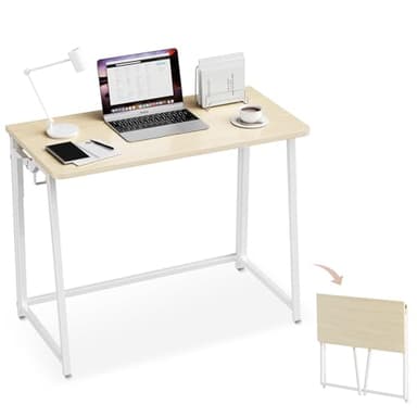 POLWKZU Folding Desk Small Foldable Desk for Small Space, 31.5 Inches Writing Computer Desks in Study, Home Office Foldable Office Desks for Bedroom, Oak - Image 1