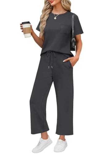 WIHOLL Workout Sets for Women 2 Piece Short Sleeve Summer Cruise Business Casual Outfits 2025 Going Out Two Piece Sets Women's Clothing Short Sleeve Crew Neck Tracksuits Dark Grey M - Image 1