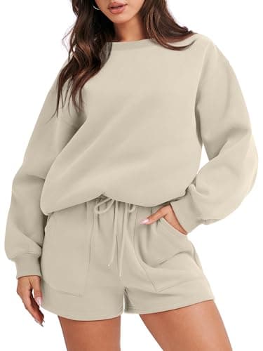 ANRABESS Women 2 Piece Outfits Sweat Shorts Sets 2025 Oversized Casual Lounge Matching Set Sweatsuit Tracksuit Fall Clothes Almond Large - Image 1