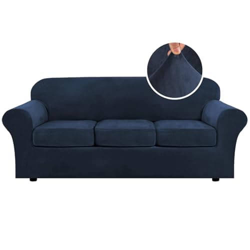 H.VERSAILTEX Modern Velvet Plush 4 Piece High Stretch Sofa Slipcover Sofa Cover Furniture Protector Form Fit Luxury Thick Velvet Sofa Cover for 3 Cushion Couch Width Up to 90 Inch (Sofa,Navy) - Image 1