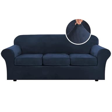 H.VERSAILTEX Modern Velvet Plush 4 Piece High Stretch Sofa Slipcover Sofa Cover Furniture Protector Form Fit Luxury Thick Velvet Sofa Cover for 3 Cushion Couch Width Up to 90 Inch (Sofa,Navy) - Image 1