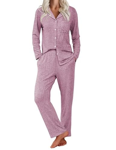 Ekouaer Womens Ribbed Knit Pajama Sets 2 Piece Lounge Set Long Sleeve Button Down Pjs Sleepwear Set with Pockets Purple Pink X-Large - Image 1