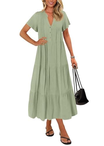 KIRUNDO Summer Maxi Dresses for Women 2025 Spring Fashion Short Sleeve Button V Neck Pleated Loose Tiered Swing Flowy Dress(Bean Green, X-Large) - Image 1