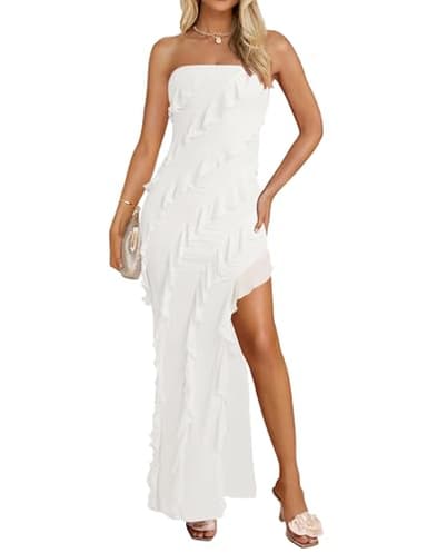 ZESICA Women's 2025 Strapless Bodycon Dress Sexy Off Shoulder Mesh Tassel Ruffle Side Split Tube Party Maxi Dresses,White,Small - Image 1