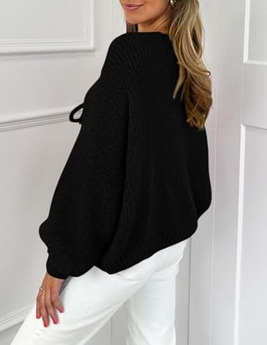PRETTYGARDEN Women's Tie Front Bow Cardigan Sweaters Chunky Knit Long Puff Sleeve Trendy Fall Winter Jacket Coats (Black,X-Large) - Image 2