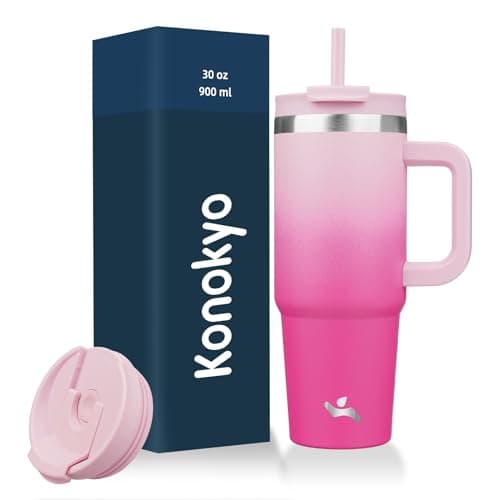 Konokyo 30 oz Tumbler with Handle and 2 Straws,2 in 1 Lid Insulated Water Bottle Stainless Steel Travel Coffee Mug,Cherry Blossoms - Image 1