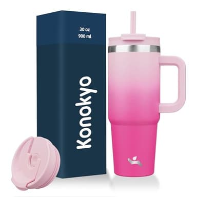 Konokyo 30 oz Tumbler with Handle and 2 Straws,2 in 1 Lid Insulated Water Bottle Stainless Steel Travel Coffee Mug,Cherry Blossoms - Image 1
