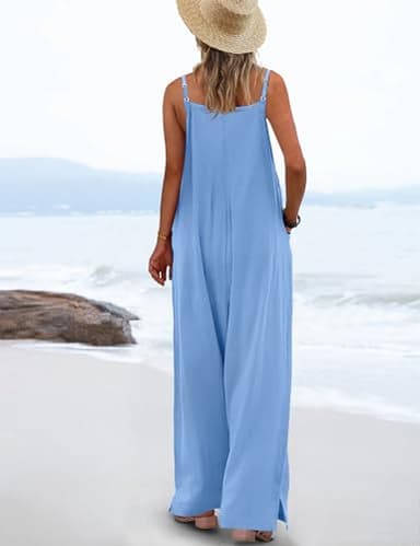 YESNO Women's Summer Boho Casual Jumpsuits Wide Leg Overalls Floral Print Baggy Rompers with Pocket XL PZZCR Solid Light Blue - Image 3