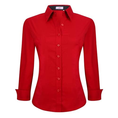 Esabel.C Womens Button Down Shirts Long Sleeve Regular Fit Stretch Work Blouse Red M - Image 1