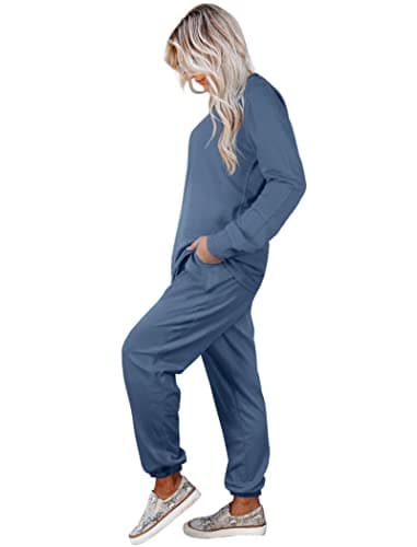 Aloodor Sweatsuits for Women Sets Lightweight Long Sleeve Pajamas Solid Loungewear Blue S - Image 3