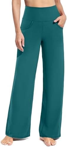 Promover Leggings for Women Wide Leg Pants Business Casual Outfits Yoga Dress Work Palazzo Trousers Pants with Pockets Women's Fashion(Teal,S,31") - Image 3