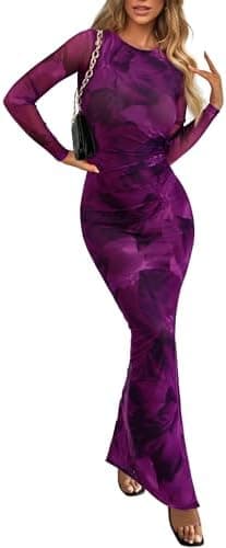 PRETTYGARDEN Women's Bodycon Maxi Dress Fall Spring Fashion Long Sleeve Floral Print Tight Fitted Party Club Ruched Dresses - Image 3