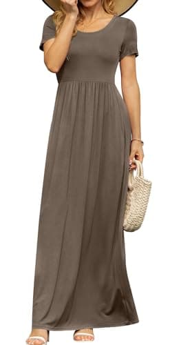 DB MOON Womens 2025 Casual Summer Maxi Dresses Short Sleeve Empire Waist Spring Long Dress with Pockets(Brown, L) - Image 2
