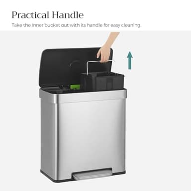 SONGMICS Kitchen Trash Can, 16 Gallon (2 x 8 Gallon) Dual Compartment Garbage Can, 60L Pedal Recycling Bin, Stays Open and Soft Close, Stainless Steel, 15 Bags Included, Metallic Silver ULTB202E01 - Image 9