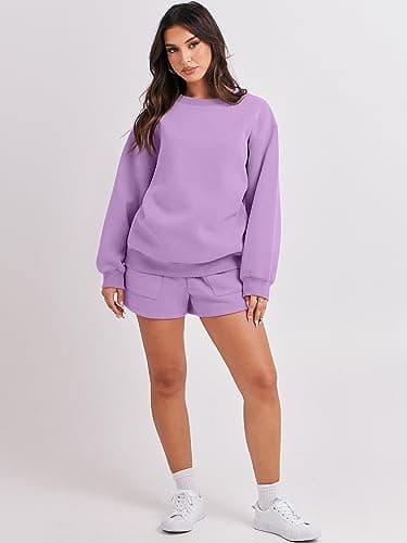 ANRABESS Women 2 Piece Outfits Sweat Shorts Sets 2025 Oversized Casual Lounge Matching Set Sweatsuit Tracksuit Fall Clothes Purple X-Large - Image 4