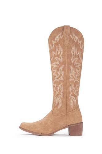 IUV Cowboy Boots For Women Knee High Western Cowgirl Boots Snip Toe Side Zipper Chunky Heel - Image 3