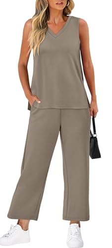 XIEERDUO Two Piece Sets for Women Summer Lounge Matching Sets Travel Vacation Cruise Outfits V Neck Tops Wide Leg Pants Sets 2025 Brown S - Image 3