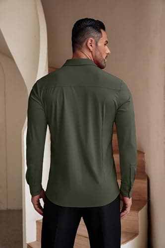 COOFANDY Men's Button Down Shirt Casual Dress Shirts Wrinkle Free Muscle Fitted Shirt Olive Green - Image 7