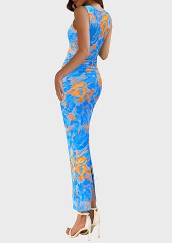 PRETTYGARDEN Wedding Guest Dresses for Women 2025 Summer Spring Floral Bodycon Sleeveless Mesh Maxi Long Dress(Floral Blue,Large) - Image 2