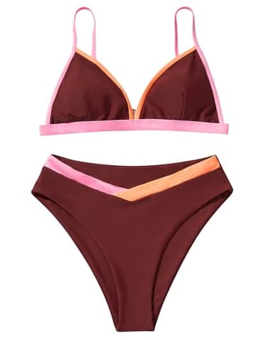 SUUKSESS Women Triangle High Cut Bikini Sets Sexy High Waisted Color Block Two Piece Swimsuits Push Up Bathing Suits(Brown Color Block,S) - Image 6