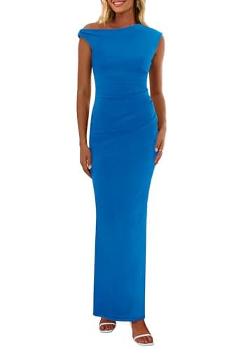PRETTYGARDEN Women's 2025 Summer Formal Maxi Dresses Sleeveless One Shoulder Bodycon Ruched Mesh Wedding Guest Cocktail Dress (Blue,Large) - Image 1