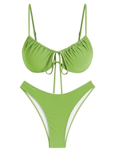 ZAFUL Women High Cut Bikini Sets String Sexy Swimsuit Two Piece Underwire Bathing Suit Brazilian Cheeky Cut Out Cute Swimwear Grass Green S - Image 5