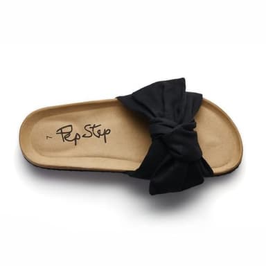 PepStep Slide Sandals for Women or Ladies Dressy Summer Casual, Cute Bow Tie Knot On Top Strap, Comfy Slip On Cork Foot Bed, Flat Low Platform Slides for Beach or Pool(7.5,Black) - Image 3