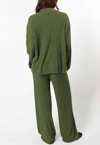 Cakulo Womens 2024 Lounge Sets 2 Piece Outfits Knit Sweater Matching Set Ribbed Wide Leg Loungewear Sweatsuits Army Green S - Image 3
