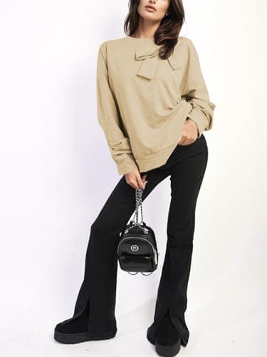 Cakulo 2025 Oversized Sweatshirts for Women Loose Fit Fall Fashion Crewneck Long Sleeve Casual Cute Bow Tunic Tops Khaki M - Image 4