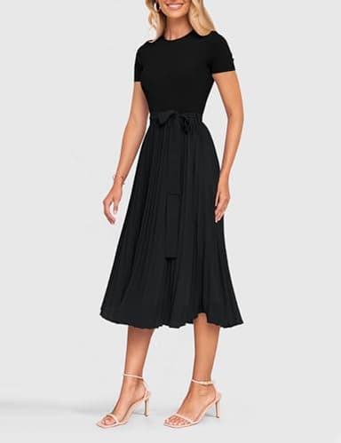 ZESICA Womens 2025 Summer Short Sleeve Midi Dresses Casual Crew Neck Knit Belted Pleated A Line Flowy Wedding Guest Dress,Black,Large - Image 3
