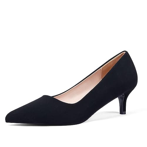 GENSHUO Womens Kitten Heels,Classic 2 Inch Low Heel Pumps Slip On Closed Pointed Toe Pumps Office Work Dress Pump Shoes Nubuck Black Size 7 - Image 1