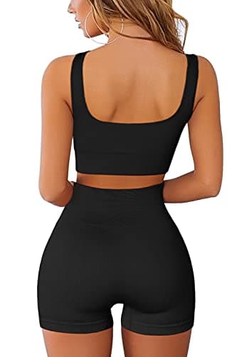 QINSEN Yoga Outfits for Women 2 Piece Set,Sexy Low Square Neck Stretchy Sport Bra Booty Short 03Black S - Image 2