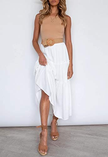 HAEOF Women's Summer Flowy Boho Maxi Skirt A Line Pleated Tiered Long Skirts with Pockets Fashion Beach Vacation Outfits (White, S) - Image 3