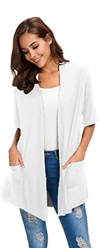 ADANIKI Womens Short Sleeve Open Front Lightweight Casual Comfy Long Line Drape Hem Soft Modal Cardigans Sweater with Two Pockets (White, XL) - Image 2