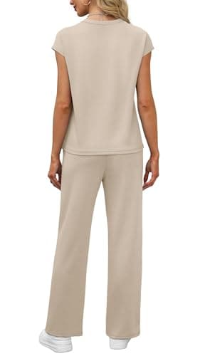 WIHOLL Vacation Outfits for Women 2 Piece Sets Crew Neck Summer Lounge Set Womens Loungewear Cruise Airport Outfits Beach Vacation Clothes Wide Leg Pants Resort Comfy Sets for Women Clothing Beige L - Image 5