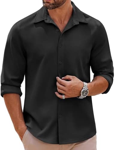 COOFANDY Mens Long Sleeve Button Down Shirts Casual Untucked Shirts Stretch Shirts Black - Image 1