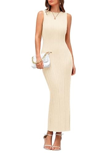 PRETTYGARDEN Women's 2025 Summer Casual Maxi Dresses Ribbed Knit Sleeveless Bodycon Elegant Going Out Beach Vacation Clothes (Apricot,Small) - Image 1