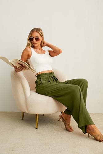 IWOLLENCE Women's Wide Leg Pants with Pockets High Waist Adjustable Knot Loose Casual Trousers Business Work Casual Pants Army Green Large - Image 5