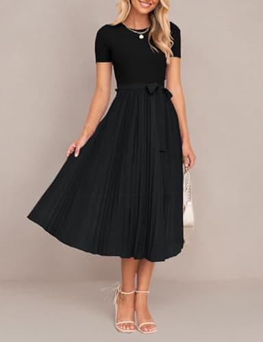 ZESICA Womens 2025 Summer Short Sleeve Midi Dresses Casual Crew Neck Knit Belted Pleated A Line Flowy Wedding Guest Dress,Black,Large - Image 10