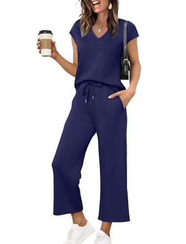Saloogoe Lounge Sets for Women 2 Piece 2024 Summer Casual Travel Ladies Loungewear Set Business Casual Outfits Work Mock Neck Tops Airport Outfit Royal Blue XL - Image 1