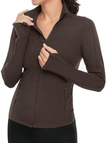 VUTRU Womens Athletic Zip Up Jacket Workout Running Jacket Lightweight Yoga Jacket with Thumb Holes (Dark Coffee,M) - Image 1