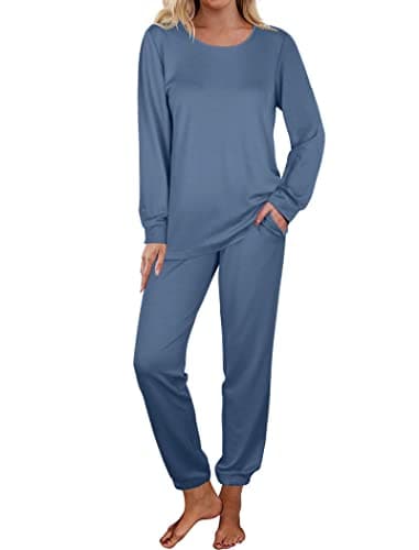 Aloodor Sweatsuits for Women Sets Lightweight Long Sleeve Pajamas Solid Loungewear Blue S - Image 2