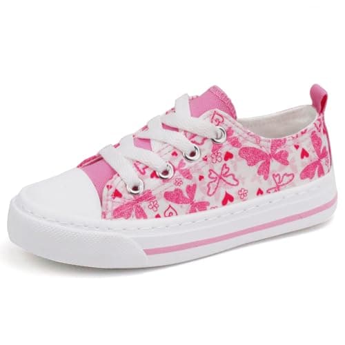 Toandon Toddler Girls Kids Sneakers Walking Shoes Lace Up Lightweight Low Top Adorable Sparkle Printed Butterfly Non-Slip Outdoor Pink Size 9 - Image 1
