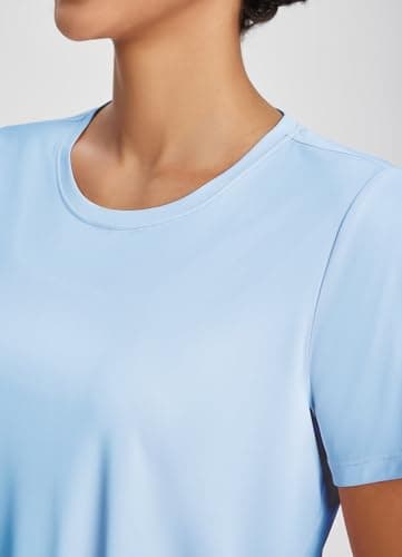 baleaf Women's Workout Tops Athletic Shirts Cropped Short Sleeve Split Back Running Gym Quick Dry Sun Protection UPF 50+ Light Blue M - Image 4