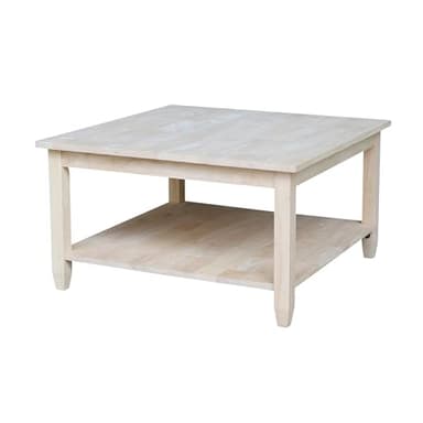 IC International Concepts, Solano Square Coffee Table, Solid Real Wood, Sturdy Parawood, Living Room/Family Room/Entryway, 32"W x 32"D x 18"H with Shelf, Paint/Stain Ready, Unfinished - Image 1