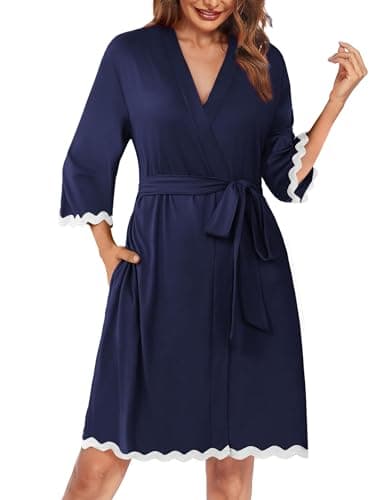 Ekouaer Women Kimono Robe 3/4 Sleeves Loungewear Dress Knee Length Sleepwear Pockets Housecoat Short Bathrobe - Image 1