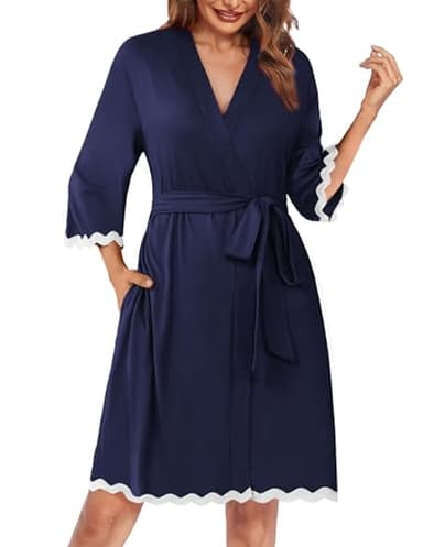 Ekouaer Women Kimono Robe 3/4 Sleeves Loungewear Dress Knee Length Sleepwear Pockets Housecoat Short Bathrobe - Image 1